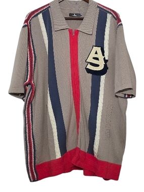 Alphastyle Men's Short-Sleeve Knit Zip Polo- Taupe with Navy & Red Large